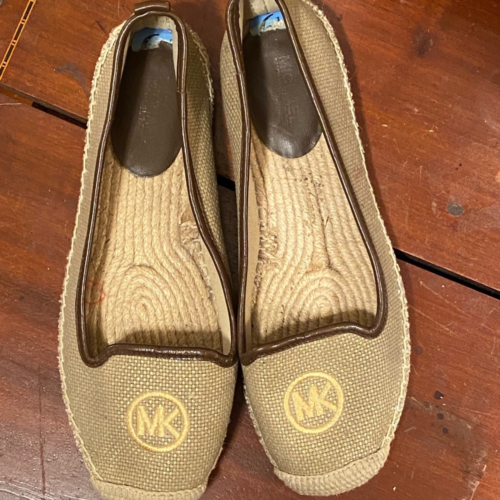 Michael Kors gold textile monogrammed espadrille flats
